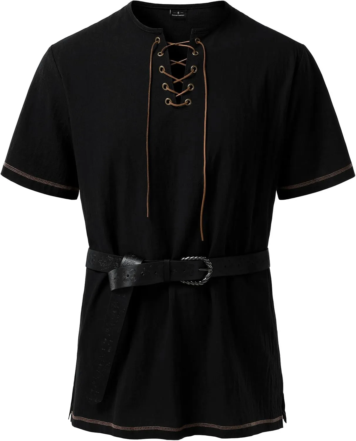 Men's Pure Cotton Retro Short Sleeves Lace Up Shirts for Casual Renaissance Pirate Medieval Viking Without Belt