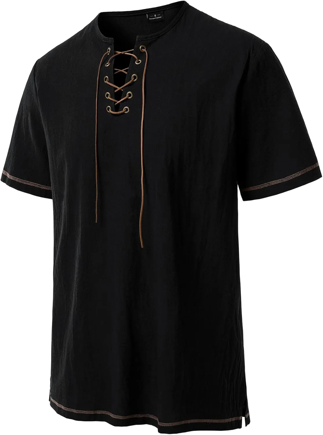 Men's Pure Cotton Retro Short Sleeves Lace Up Shirts for Casual Renaissance Pirate Medieval Viking Without Belt