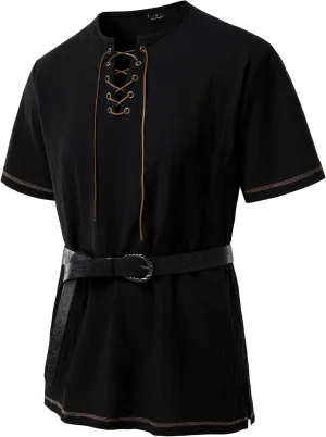 Men's Pure Cotton Retro Short Sleeves Lace Up Shirts for Casual Renaissance Pirate Medieval Viking Without Belt
