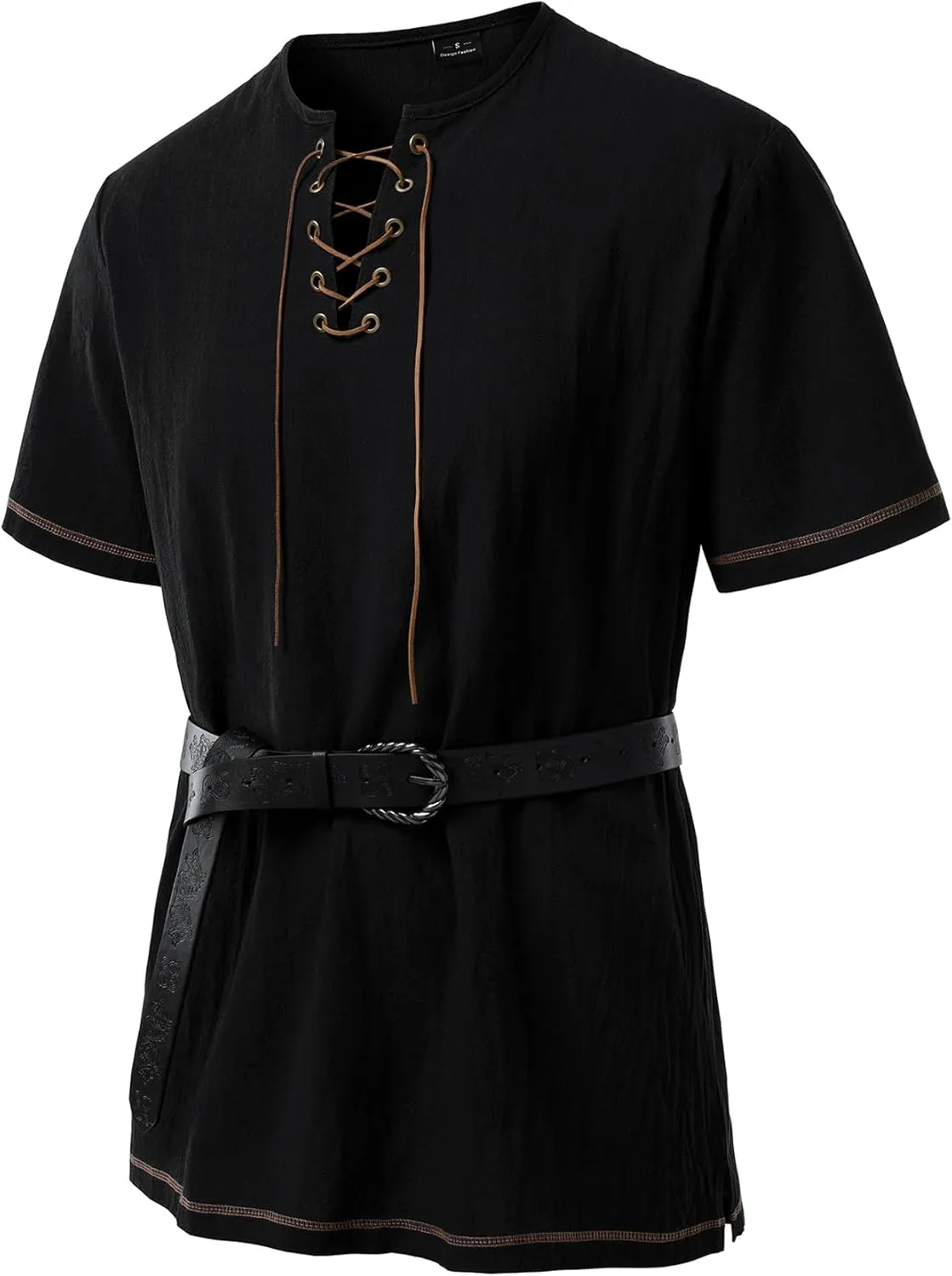Men's Pure Cotton Retro Short Sleeves Lace Up Shirts for Casual Renaissance Pirate Medieval Viking Without Belt