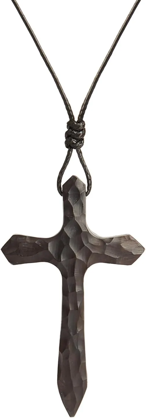 Men's Wooden Cross Necklace Real Handcrafted Ebony Wood Cross Pendants With Leather Necklaces Men's Black Cross Necklaces Christian Baptism Crucifix Pendant for Men