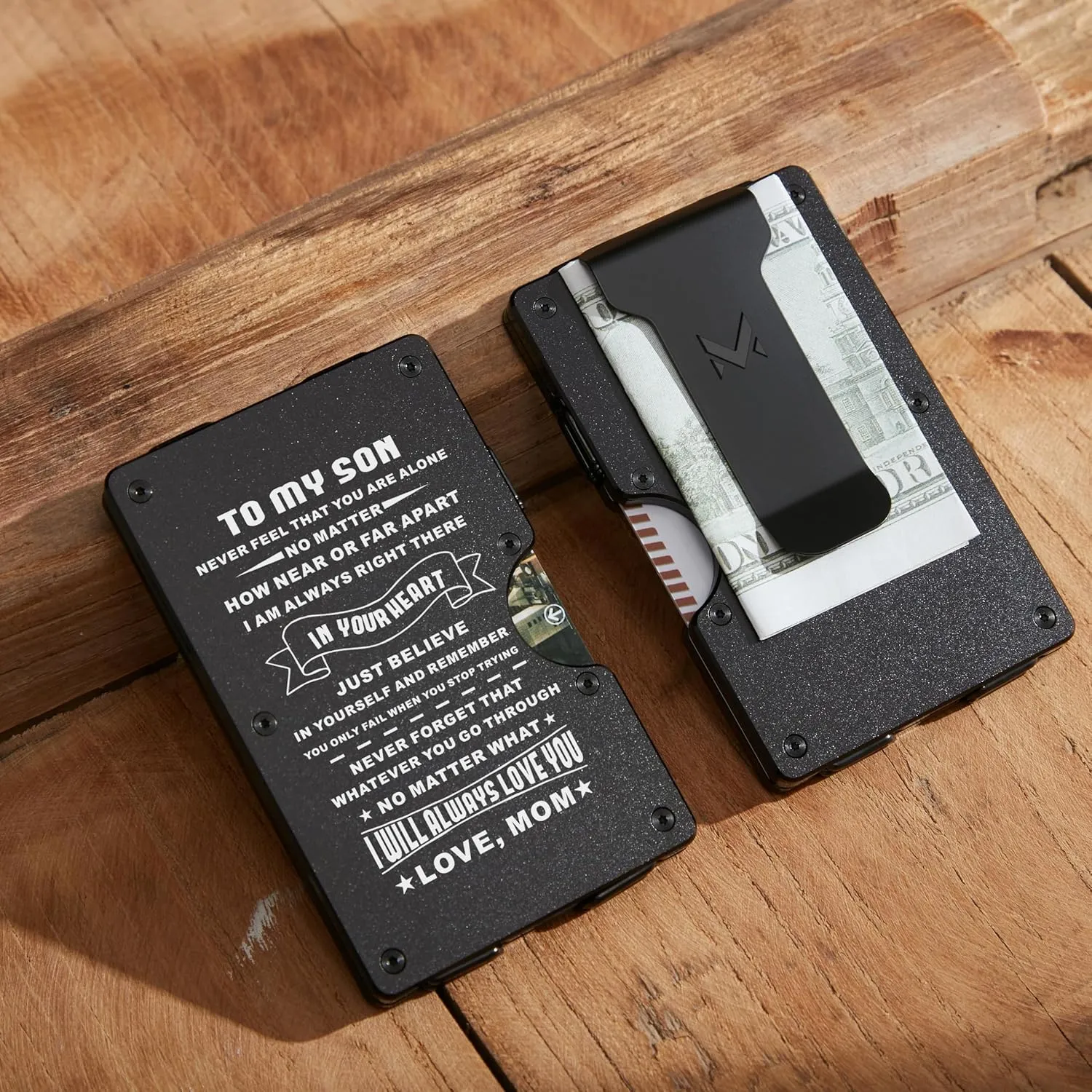 Minimalist Aluminum Wallet for Son from Mom, Slim RFID Blocking Metal Money Clip, Front Pocket Card Holder, Mens Personalized Engraved Gifts for Birthday Christmas Graduation Wedding Adult
