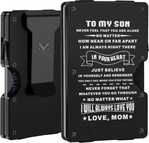 Minimalist Aluminum Wallet for Son from Mom, Slim RFID Blocking Metal Money Clip, Front Pocket Card Holder, Mens Personalized Engraved Gifts for Birthday Christmas Graduation Wedding Adult