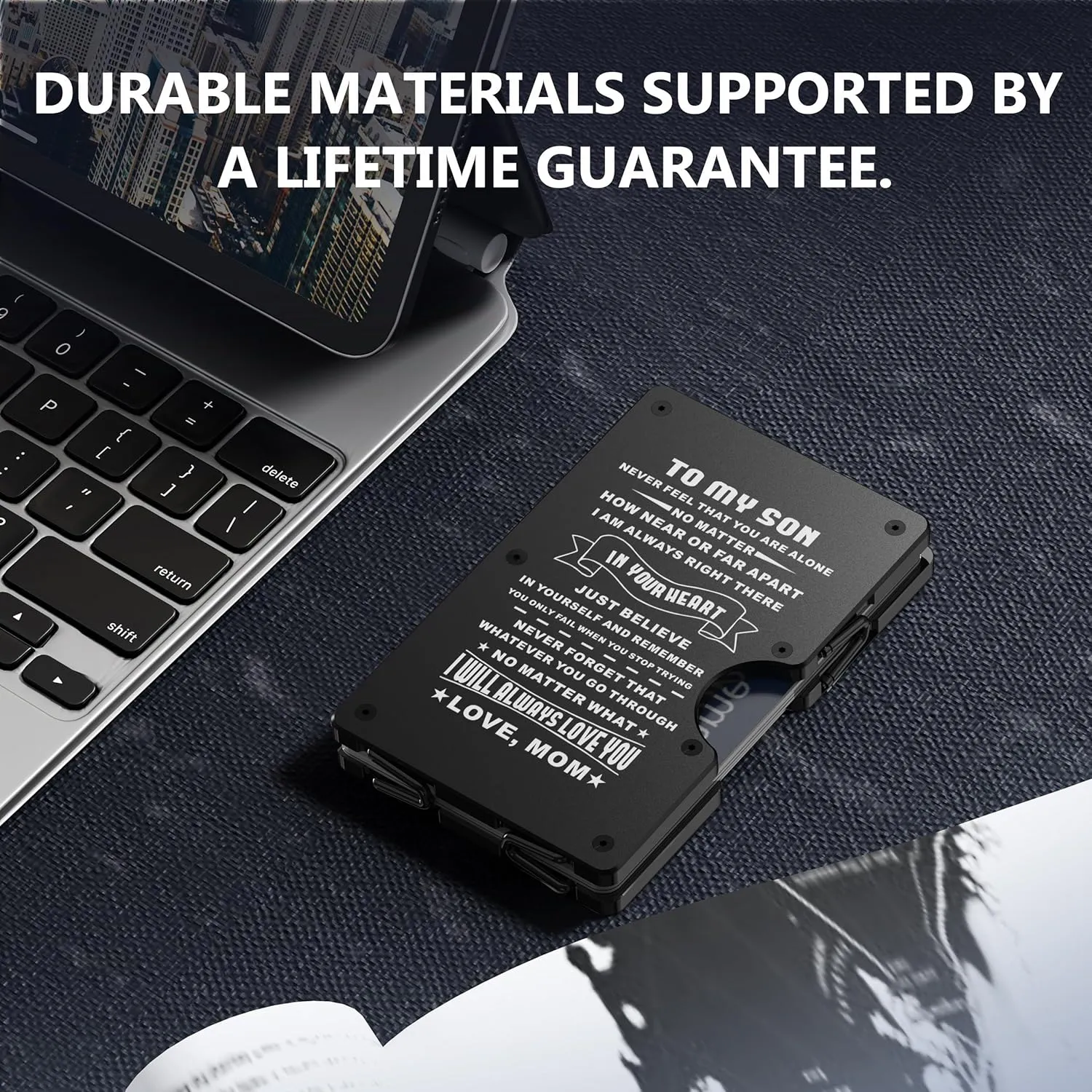 Minimalist Aluminum Wallet for Son from Mom, Slim RFID Blocking Metal Money Clip, Front Pocket Card Holder, Mens Personalized Engraved Gifts for Birthday Christmas Graduation Wedding Adult