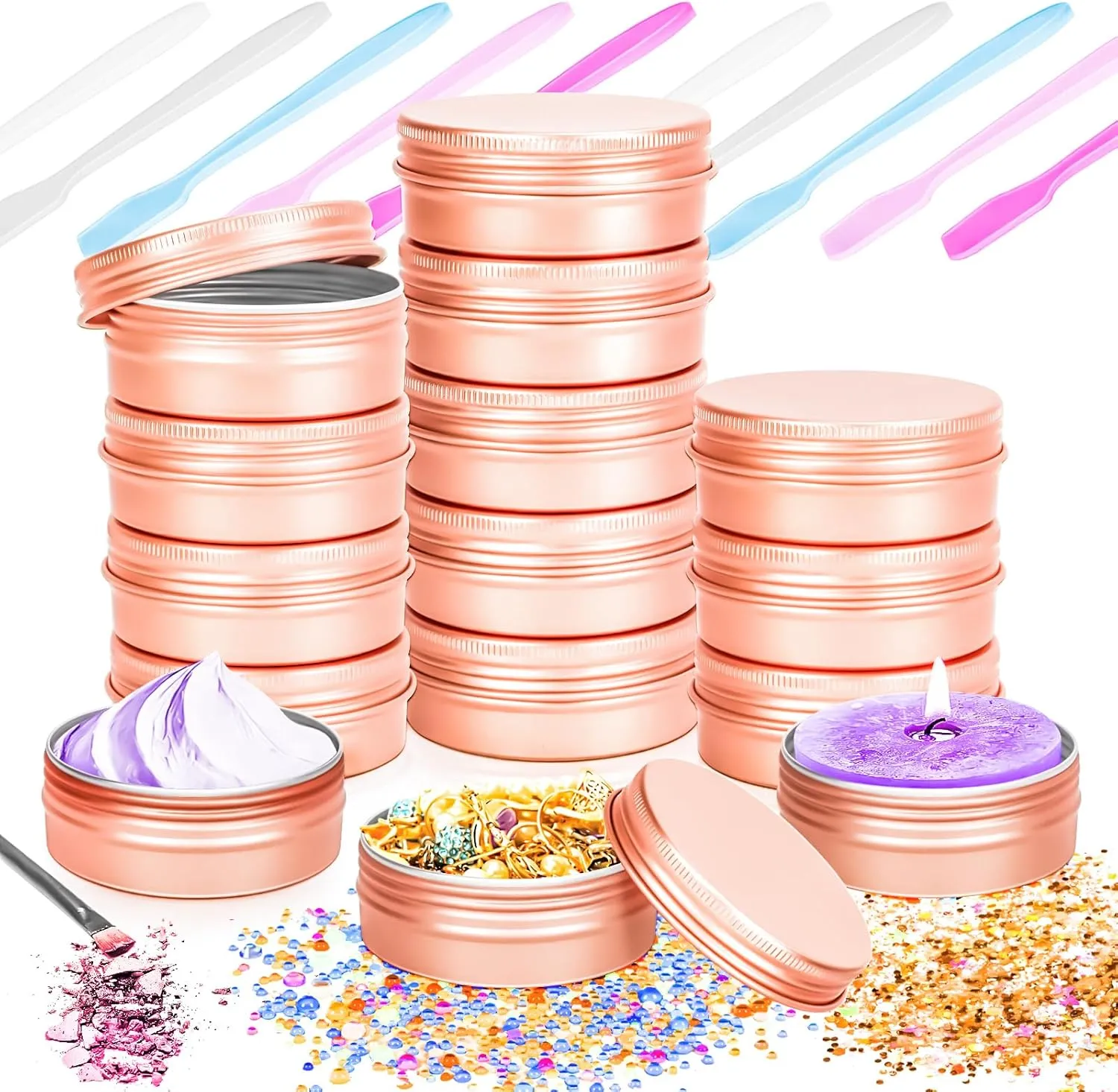 MotBach 12Pack 2oz Tin Jars, 60ml Rose Gold Metal Tin cans, 2Ounce Aluminum tin can jar Containers with Screw Lid for Lotion Bars, Balms, Spices, Salve, Beard Balm, Toiletries, Creams, Makeup Cosmetic