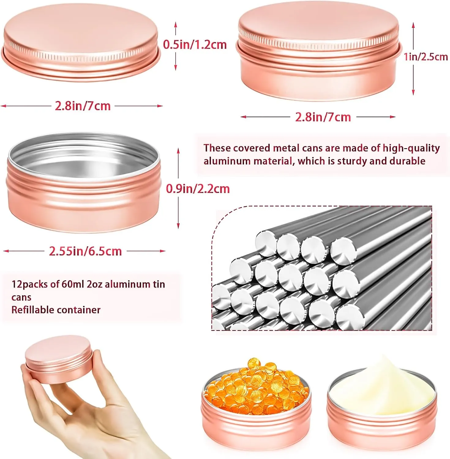 MotBach 12Pack 2oz Tin Jars, 60ml Rose Gold Metal Tin cans, 2Ounce Aluminum tin can jar Containers with Screw Lid for Lotion Bars, Balms, Spices, Salve, Beard Balm, Toiletries, Creams, Makeup Cosmetic