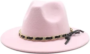 New Golden Chain Bow Belt Woolen Hat European and American Jazz Felt Hat Men's and Women's Large Flat Brimmed Hat Fengyan Cowboy Hats (Color : Rose Red, Size : 56-58cm)