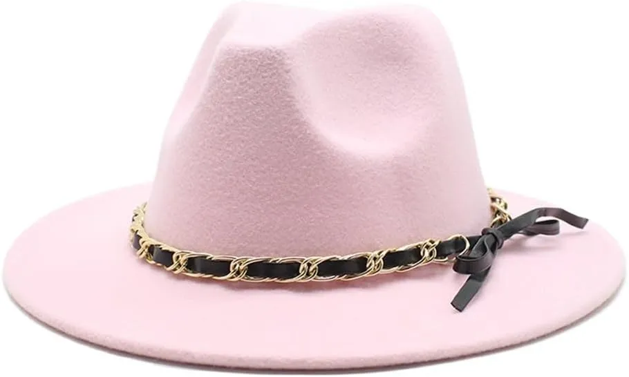 New Golden Chain Bow Belt Woolen Hat European and American Jazz Felt Hat Men's and Women's Large Flat Brimmed Hat Fengyan Cowboy Hats (Color : Rose Red, Size : 56-58cm)