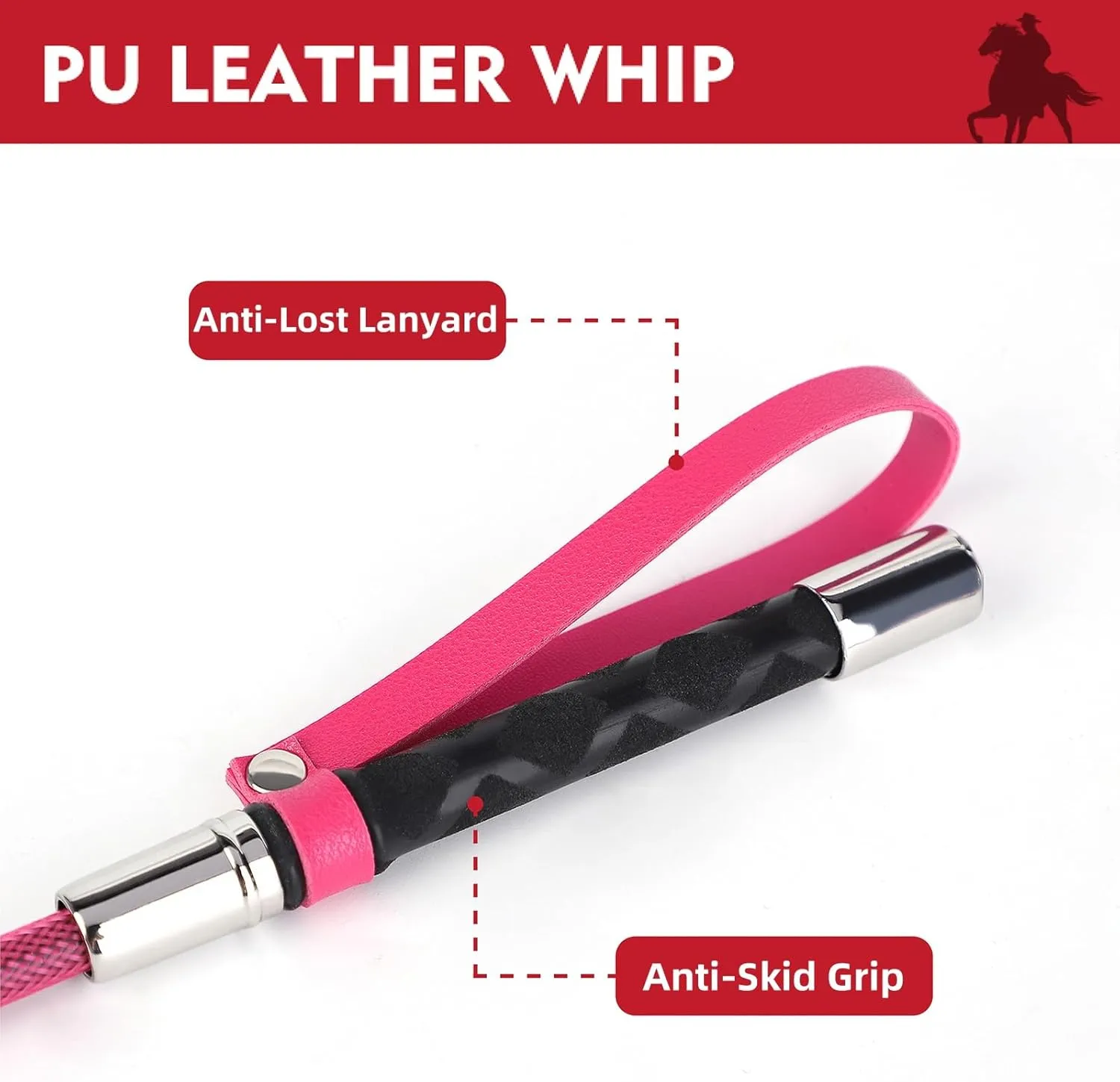 Riding Crop Equestrian PU Leather Whip Soft Double Patting Surface Bind and Strengthen More Durable Horse Whip with Lanyard Clap Louder But No Damage