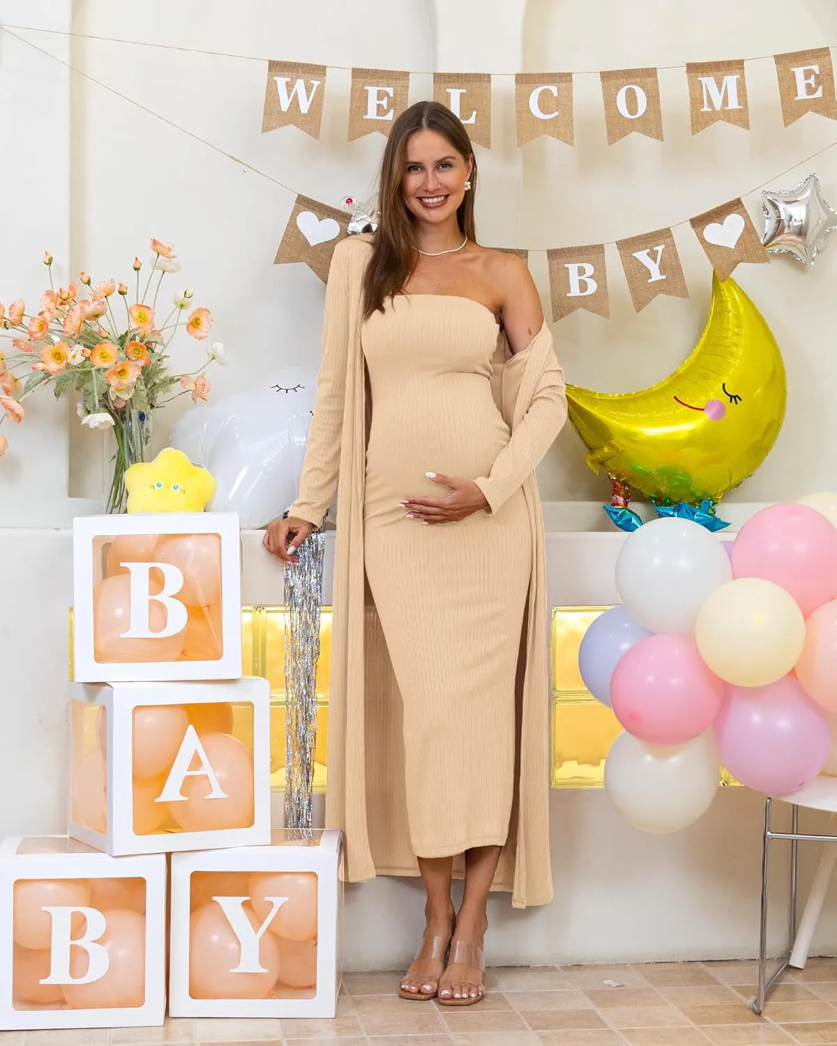 Rnxrbb 2 Piece Maternity Dress Cardigan Baby Shower Wedding Guest Summer Gender Reveal Photoshoot Tube Maternity Dress Long