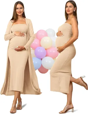 Rnxrbb 2 Piece Maternity Dress Cardigan Baby Shower Wedding Guest Summer Gender Reveal Photoshoot Tube Maternity Dress Long