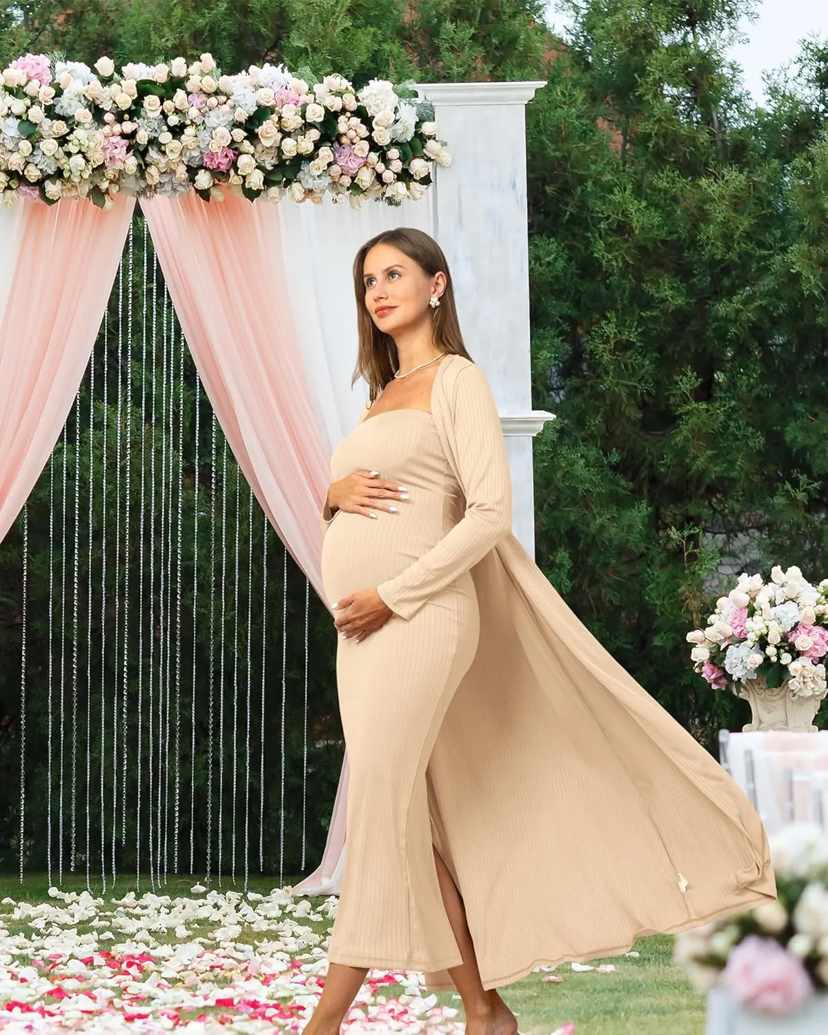 Rnxrbb 2 Piece Maternity Dress Cardigan Baby Shower Wedding Guest Summer Gender Reveal Photoshoot Tube Maternity Dress Long