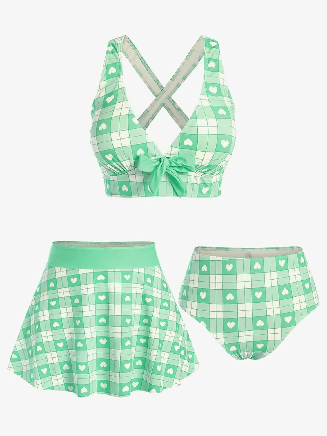 ROSE GAL Rosegal Plus Size Valentines Heart Bowknot Crisscross Padded Three Piece Tankini Swimsuit