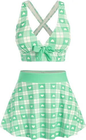 ROSE GAL Rosegal Plus Size Valentines Heart Bowknot Crisscross Padded Three Piece Tankini Swimsuit