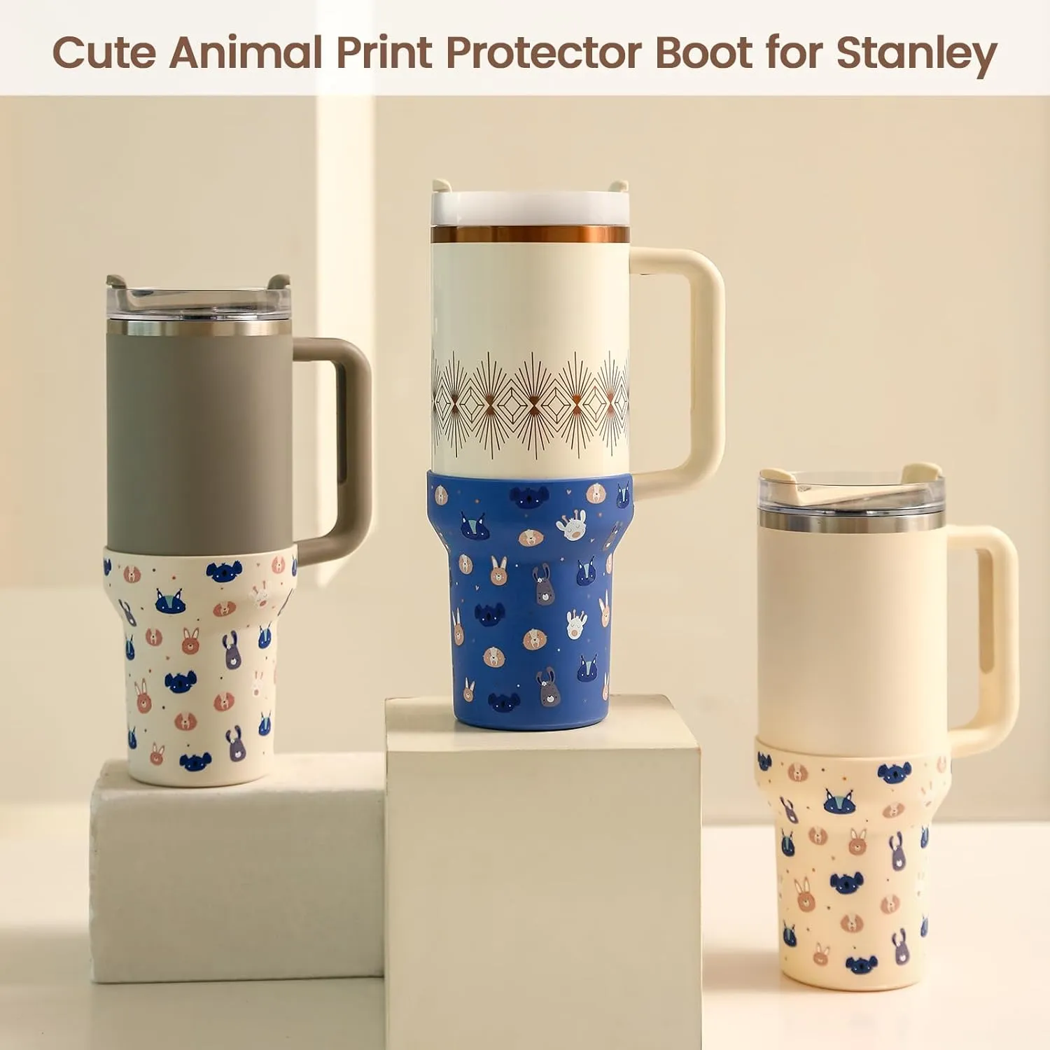 Silicone Boot for Stanley, Cute Print Protector Sleeve for Stanley Quencher H2.0 FlowState Tumbler 40oz / Adventure Quencher Tumbler 40oz Cup Accessories (Light Pink)