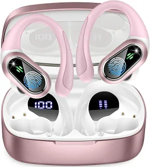 Wireless Earbuds Bluetooth Headphones, Bluetooth Earbuds Stereo Deep Bass, 50hrs Playtime Over Ear Buds and Noise Canceling Mic, IPX7 Waterproof Earphone for Sports/Workout/Running, Rose Gold