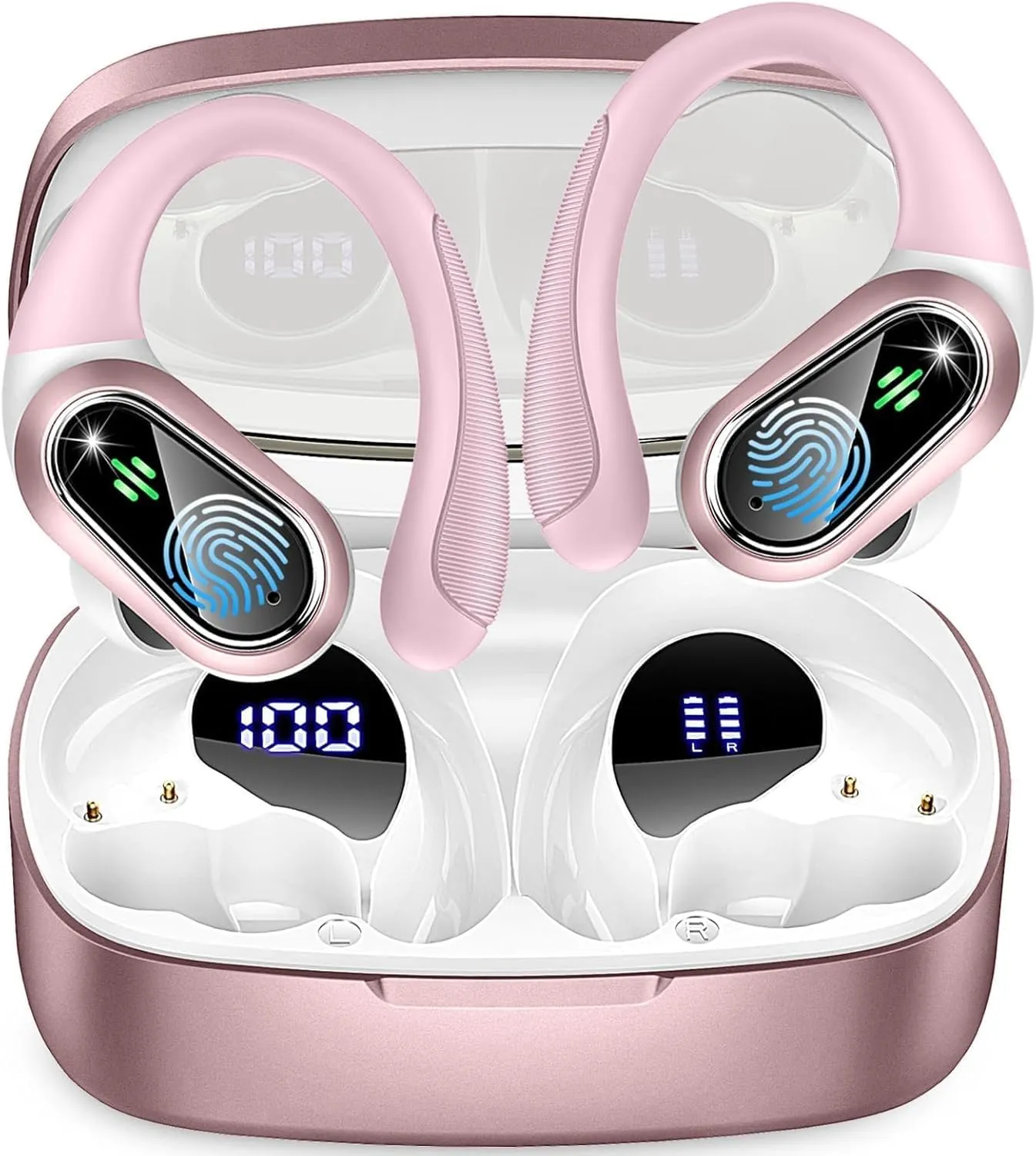 Wireless Earbuds Bluetooth Headphones, Bluetooth Earbuds Stereo Deep Bass, 50hrs Playtime Over Ear Buds and Noise Canceling Mic, IPX7 Waterproof Earphone for Sports/Workout/Running, Rose Gold
