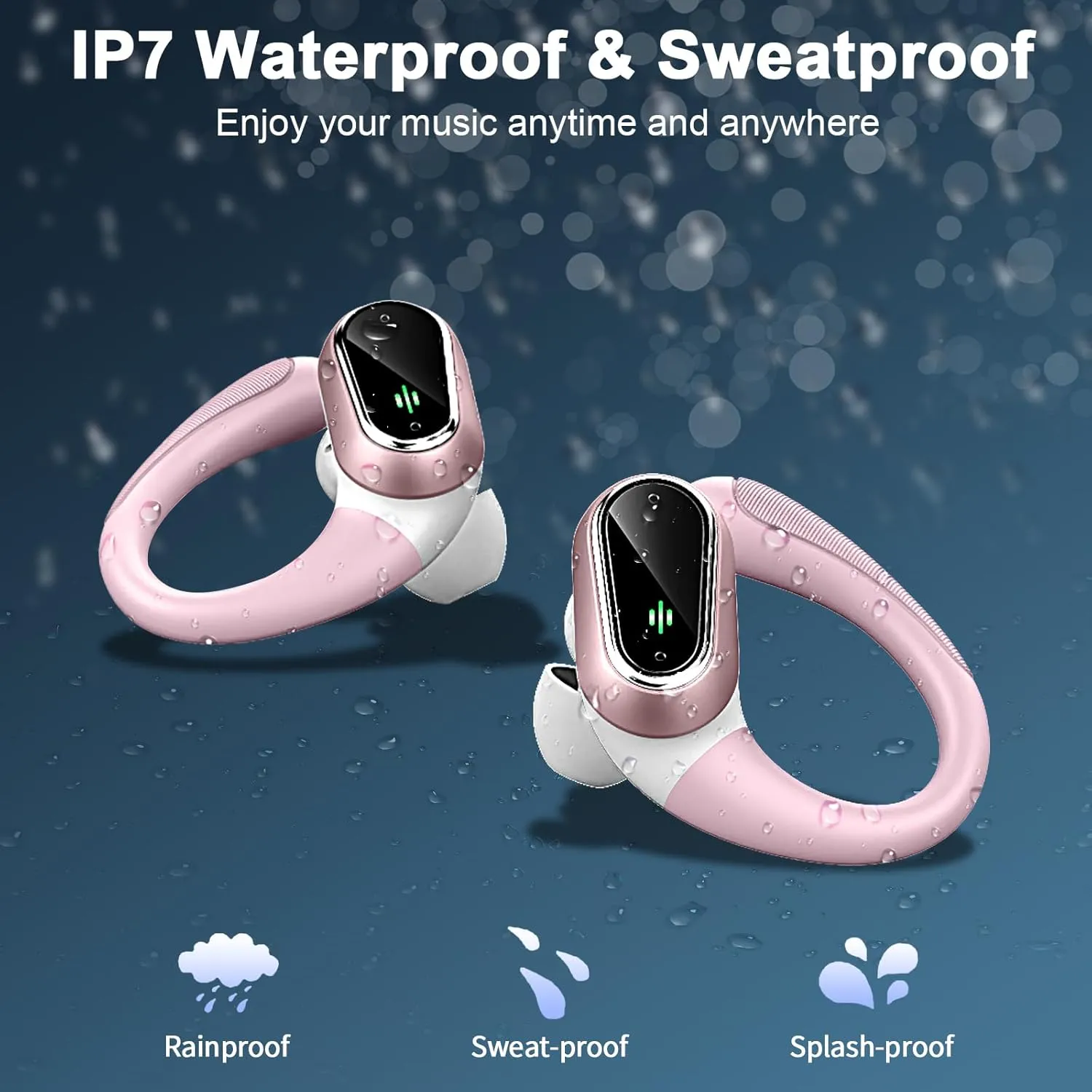 Wireless Earbuds Bluetooth Headphones, Bluetooth Earbuds Stereo Deep Bass, 50hrs Playtime Over Ear Buds and Noise Canceling Mic, IPX7 Waterproof Earphone for Sports/Workout/Running, Rose Gold