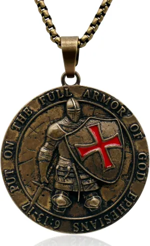 Yumikoo Knights Templar Necklace Medieval Knight's Shield Pendant Necklace - Antique Bronze Pendant with Red Enamel Cross Put on the Full Armor of God Ephesians 6:13-17