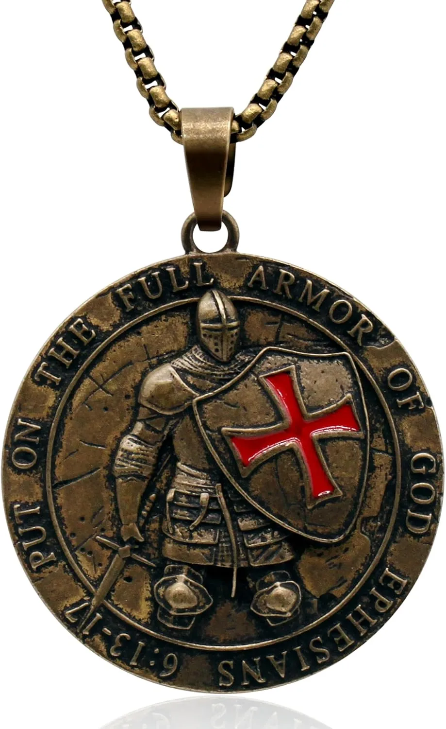 Yumikoo Knights Templar Necklace Medieval Knight's Shield Pendant Necklace - Antique Bronze Pendant with Red Enamel Cross Put on the Full Armor of God Ephesians 6:13-17